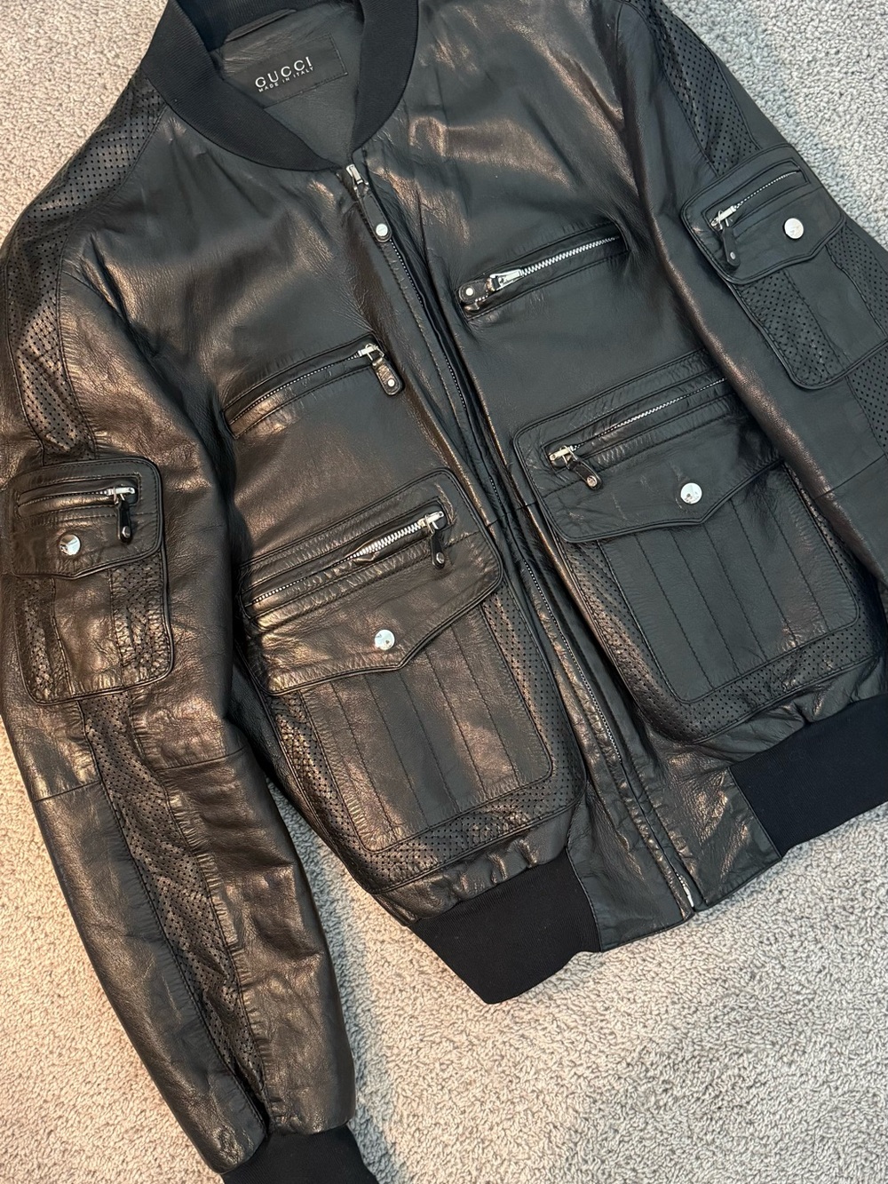 Men’s Gucci Black Leather Bomber Jacket with Multi-Pocket Details